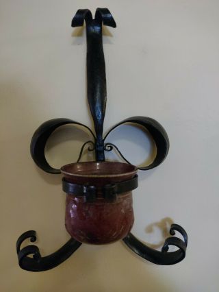 Vintage 15½ " Hand Forged Wrought Iron Wall Sconce Plant Holder Stylized Bow