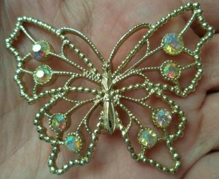 Stunning Vintage Estate Gold Tone Ab Rhinestone Butterfly 2 1/4 " Brooch 2434g