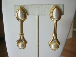 Alfred Sung Vintage Drop Dangle Clip On Earrings,  Gold & Teardrop Faux Pearls