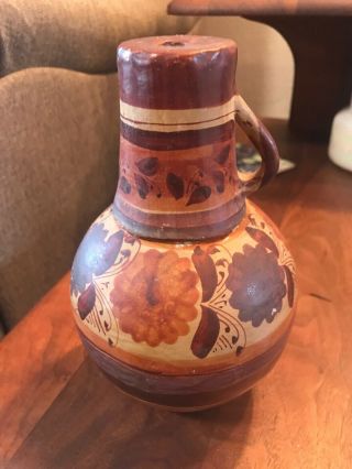 Antique Vintage Glazed Clay Pottery Jug With Cup Mexico.  625