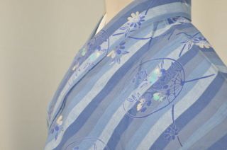 Vintage Cotton Yukata Kimono:162cm Tall Blue/grey Summer Fan/stripe@kn52