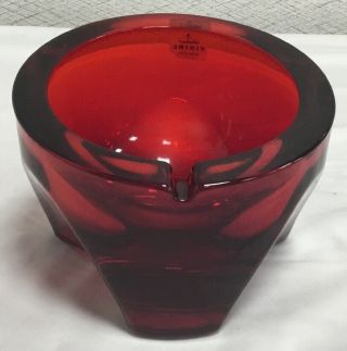 Vintage Viking Glass Ruby Red Tripod Ashtray With Label 4 1/8” Tall