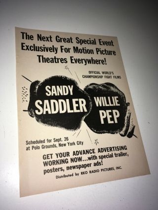 Willie Pep Vs Sandy Saddler Vintage Movie Trade Ad 1951 Boxing Film Poster