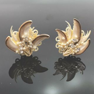 Vintage Sea Shell Clip - On Earrings Claws Crystals Faux Pearls Unique Ooak