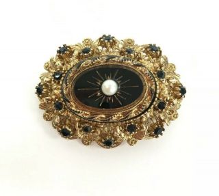 Vintage Gold Tone Victorian Revival Costume Jewellery Brooch By Sphinx Black Pin