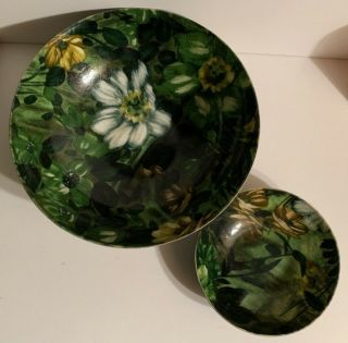 Green Brown Flowers 11 " & 6.  5 Serving Bowl Set Fiberglass Mid Century Vintage