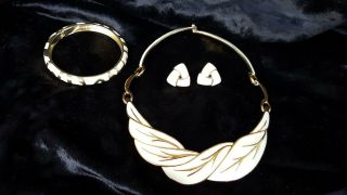 Monet Vintage Designer Enamel Bib Necklace Earrings Bracelet Set Crea & Goldtone