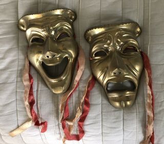 Vintage Solid Brass Drama Theater Greek Tragedy And Comedy Masks Display