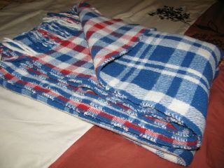 Vintage Unbranded Heavy Red White & Blue Buffalo Plaid Wool Blanket 85 X 60