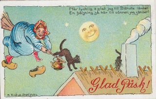 Old Vintage Postcard Easter Witch Flying Broom Roof Black Cats Moon Small Card