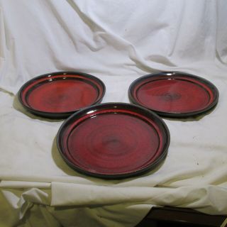 3 Vintage Red Ditlev Danmark10 " Art Pottery Dinner Plates Mcm Danish Denmark Euc