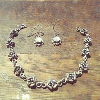 Antique Art Nouveau Victorian Sterling Silver Flower Link Bracelet And Earrings