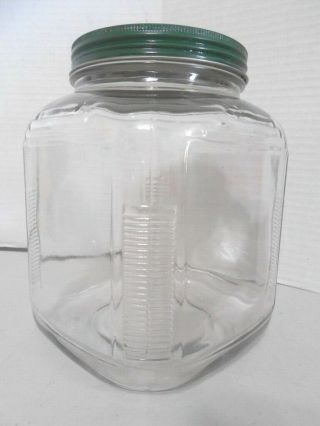 Vintage Hoosier Large Square Glass Jar Ribbed Corner Canister Green Metal Lid - Ex