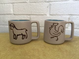 2 Vintage Pigeon Forge Pottery Rooster & Sheep Coffee Cup Teal Blue Interior
