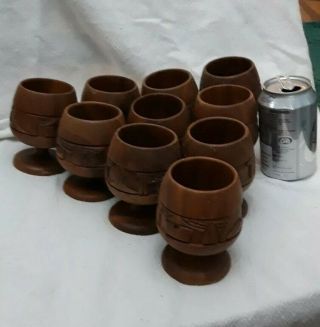 Vintage Wooden Cups Goblets / Set Of 10 With Carvings.