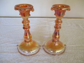 Vintage Marigold Carnival Glass Candlesticks
