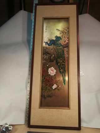 Vintage Asian Peacock Oil Painting On Copper Art 12x42 " Signed