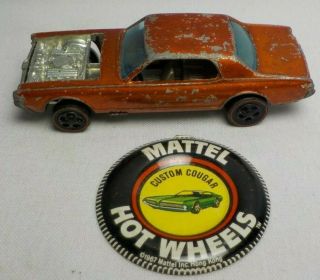 Vintage Hot Wheels Redline 1967 Mattel Custom Cougar Car Orange W Button Tab