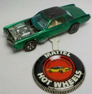 Vintage Hot Wheels Redline 1967 Mattel Custom Eldorado Car Green W Button Tab