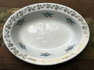 Antique Vtg Homer Laughlin USA K & N Bluebird Serving Bowl Dish w Gold Trim 4