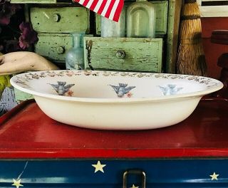 Antique Vtg Homer Laughlin USA K & N Bluebird Serving Bowl Dish w Gold Trim 8