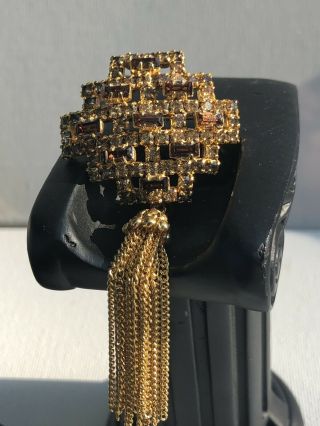 Vintage Jewelry Shades Of Brown Rhinestone Crystal Long Dangle Tassel Brooch Pin
