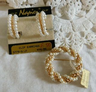Vtg Napier Pearl,  Gold Brooch Pin And Earrings Set W/ Tag,  Card Clip On
