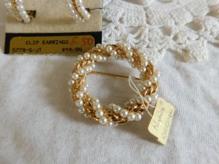 VTG Napier Pearl,  Gold Brooch Pin and Earrings Set w/ Tag,  Card Clip On 2