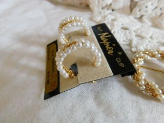 VTG Napier Pearl,  Gold Brooch Pin and Earrings Set w/ Tag,  Card Clip On 3