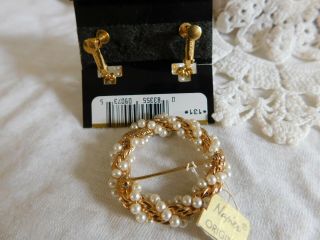 VTG Napier Pearl,  Gold Brooch Pin and Earrings Set w/ Tag,  Card Clip On 4