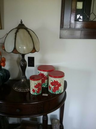 Vintage Red Floral Metal Tin Canister Set,  Flour Sugar Coffee 1950s Estate