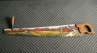 Vintage Hand Painted 41 " Metal Saw Farm Scene 2 Wooden Handles Wall Decor Mh