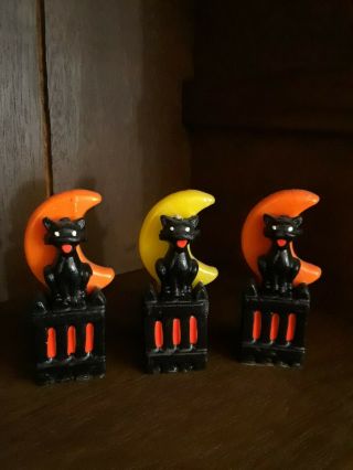 3 Vintage Halloween Gurley Black Cat W/ Moon Candles - 1950 