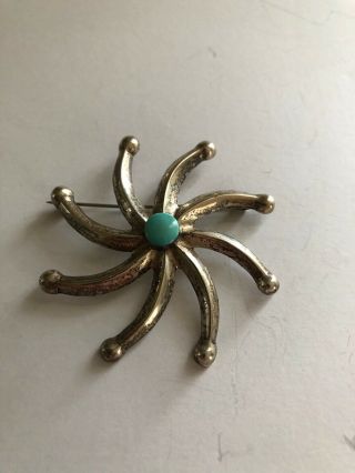 Vtg Navajo Sterling Silver Sand Cast Turquoise Spiral Pinwheel Pendant Pin 2 3/8