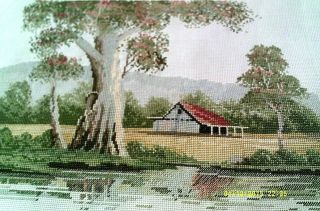 Vintage Hand Embroidered Unframed Picture Country Scene