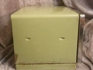Vintage Metal Bread Box Avocado Green Faux Wood Carved Handle 7