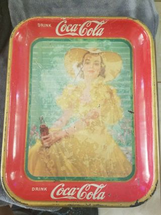 Vintage 1938 Coca - Cola Metal Serving Tray Girl At Shade In Yellow Dress