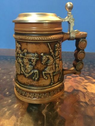 Vintage Gerz German Ceramic Beer Stein With Flip Pewter Lid Jousting Knights