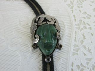 Vintage Mexican Sterling Silver 925 Jade Aztec Mask Face W Headdress Bolo Slide