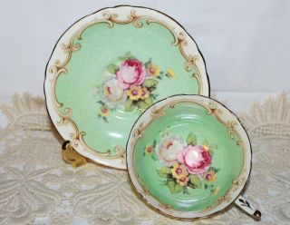 Paragon Green Teacup & Saucer Pink And White Roses Scrolling Border C1939 - 1949