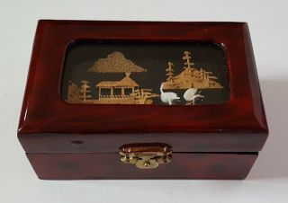 Vintage Chinese Lacquer Trinket Box Carved Cork Diorama Crane Birds