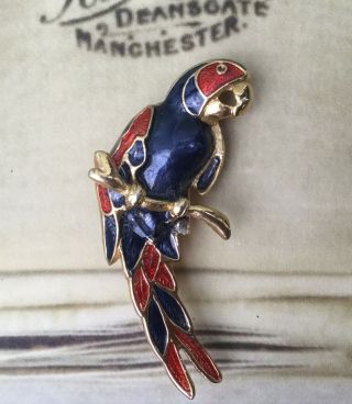 Vintage Brooch Glossy Blue Red Enamel Mackaw Parrot Bird On Tree Branch Jewelry