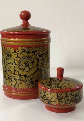 Vintage 1978 Canisters With Lid,  Russian,  Ussr Wooden/lacquered