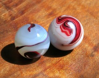 Vintage Akro Agate Co.  Oxblood Marble Pairing (2) - - Milky & Silver Ox