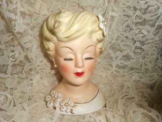 Vintage Enesco Lady Head Vase Pearls Hair Dress Earrings E2188