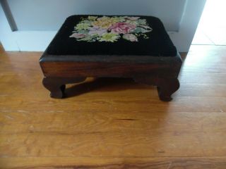 Antique Vtg Victorian Mahogany Foot Stool Queen Anne Needlepoint 5