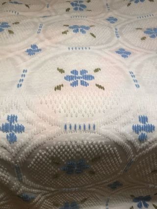 Vintage Chenille Bedspread Blue & White Flower Queen 102 X 95 Intact With Fring
