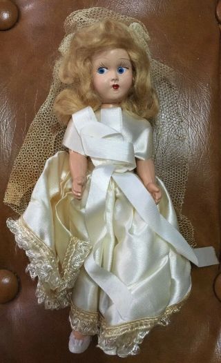 Vintage Doll Bisque Composite Head Plastic Body Bride Wedding Dress Real Hair?