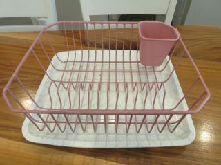 Vtg 3 Pc Pink & White Rubbermaid Sink Plastic Dish Drainer Rack & Rubber Mat