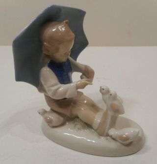 Vintage 5 " Porcelain Figurine Of A Boy Under An Umbrella With Birds